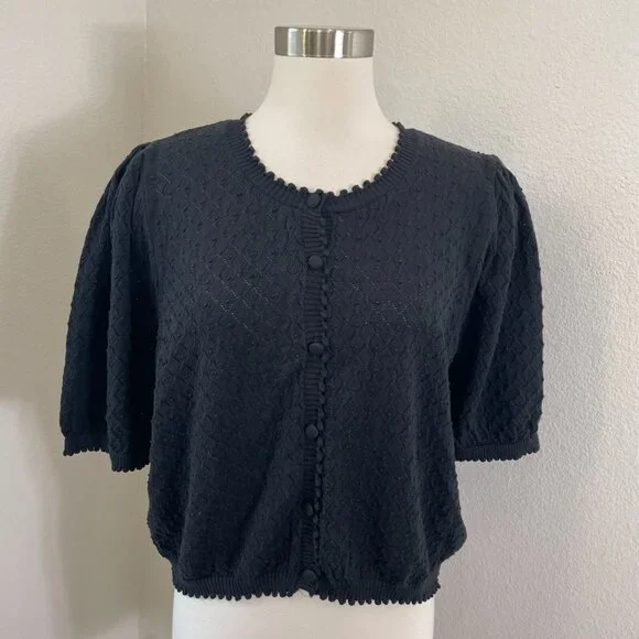 NEW By Anthropologie Womens XL Black Puff Sleeve Pointelle Knit Cardigan Sweater - Picture 1 of 13